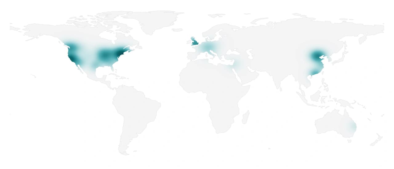 World map showing the geographic density of Terminal-Bench-Science contributors by institutional affiliation