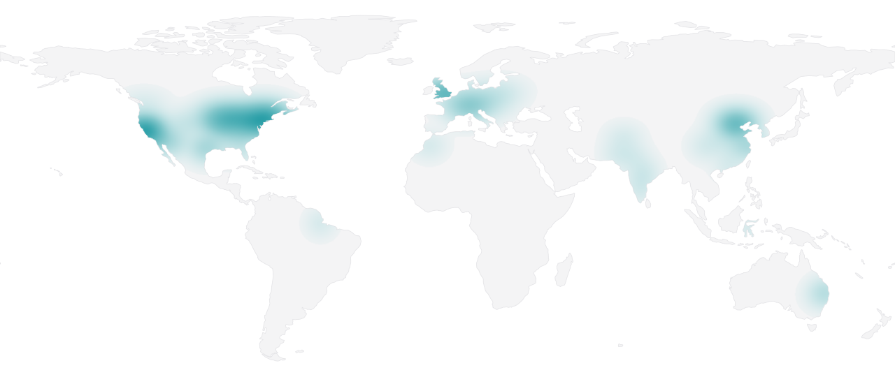 World map showing the geographic density of Terminal-Bench-Science proposal and implementation authors using public profile locations and affiliations